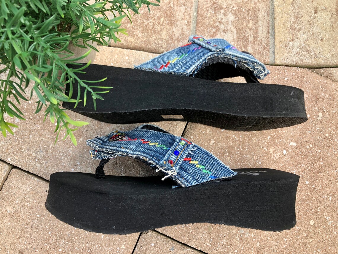 blue denim flip flops