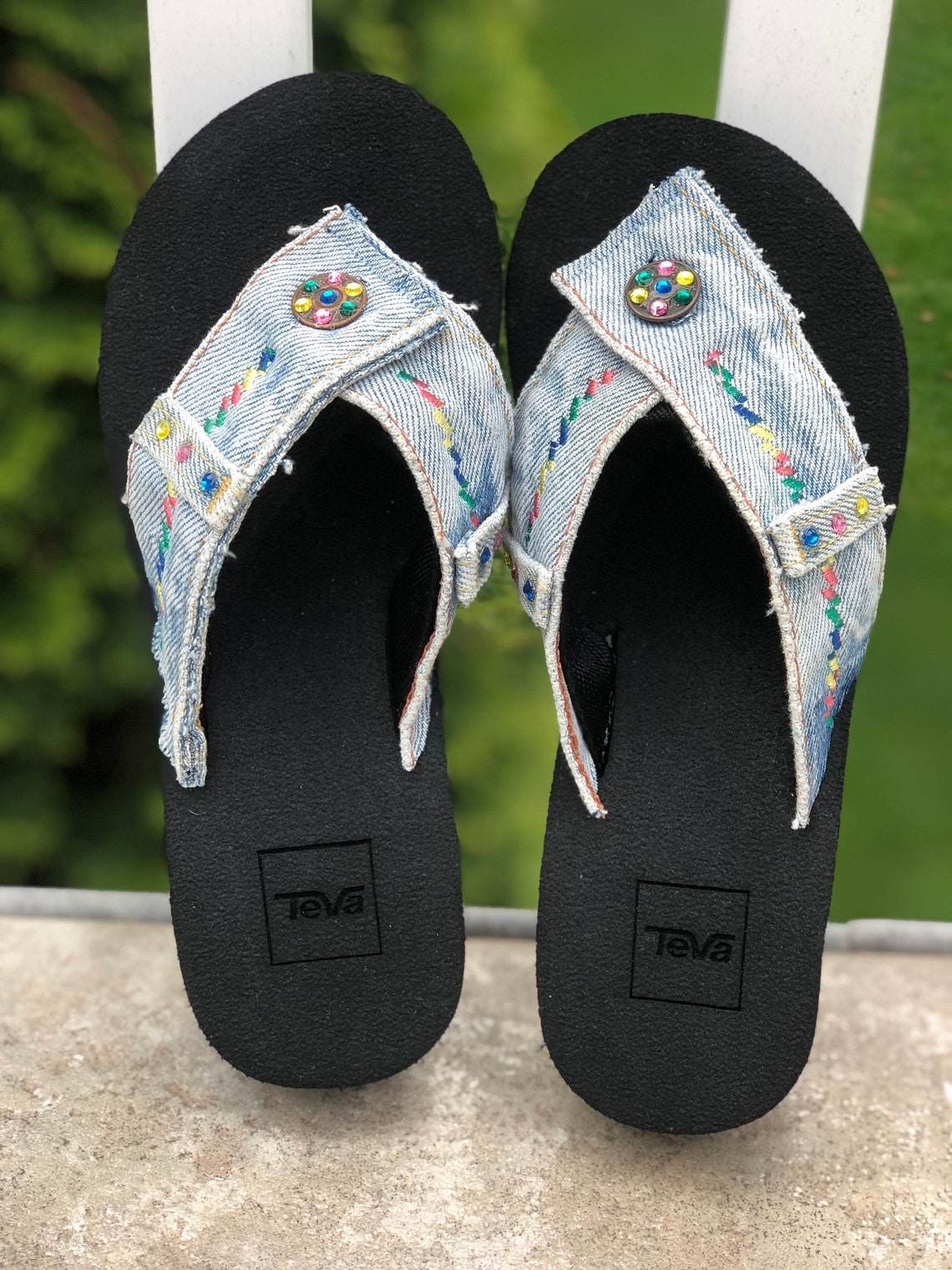 blue denim flip flops