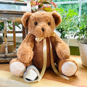 Custom weighted infant loss teddy bear, jointed arms, legs and head, 12oz - 10lb, custom printed ribbon