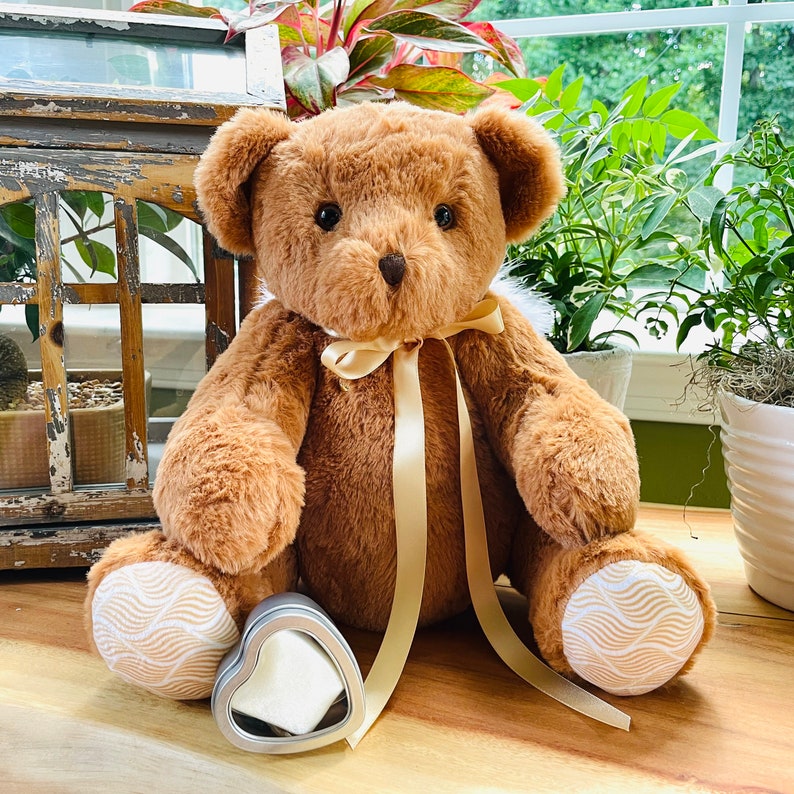 Custom weighted infant loss teddy bear, jointed arms, legs and head, 12oz - 10lb, custom printed ribbon