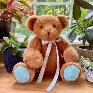 Custom weighted infant loss teddy bear, jointed arms, legs and head, 12oz - 10lb, custom printed ribbon
