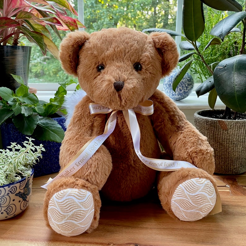 Custom weighted infant loss teddy bear, jointed arms, legs and head, 12oz - 10lb, custom printed ribbon