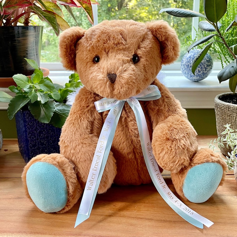 Custom weighted infant loss teddy bear, jointed arms, legs and head, 12oz - 10lb, custom printed ribbon
