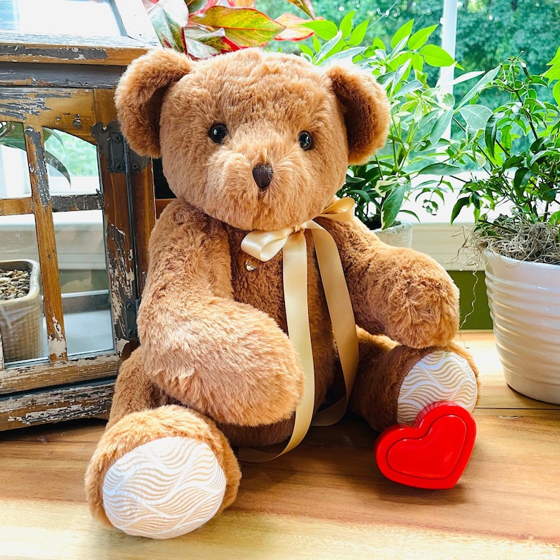 Voice Recording Gift, Classic brown jointed teddy bear with choice of paw color, includes a 30 second, red heart shaped recorder.