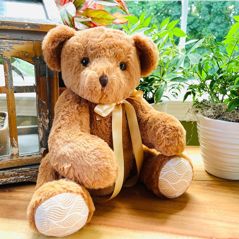 Custom weighted infant loss teddy bear, jointed arms, legs and head, 12oz - 10lb, custom printed ribbon