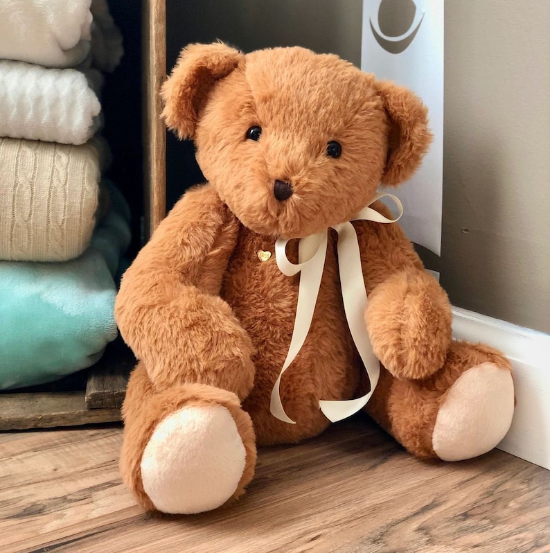 Voice Recording Gift, Classic brown jointed teddy bear with choice of paw color, includes a 30 second, red heart shaped recorder.