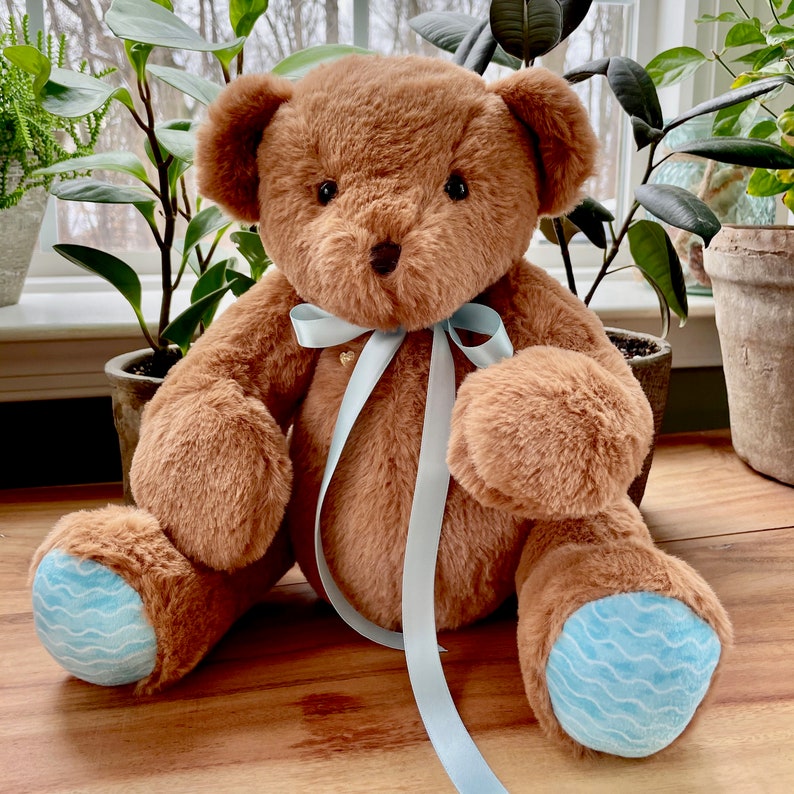 Voice Recording Gift, Classic brown jointed teddy bear with choice of paw color, includes a 30 second, red heart shaped recorder.