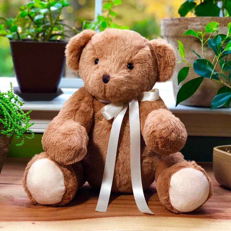 Voice Recording Gift, Classic brown jointed teddy bear with choice of paw color, includes a 30 second, red heart shaped recorder.