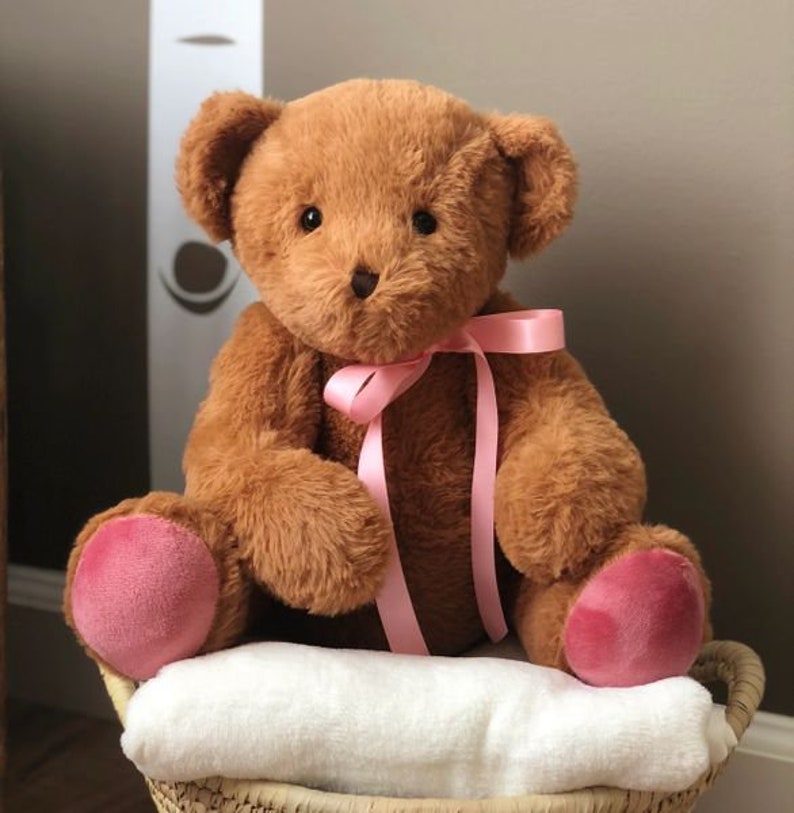 Voice Recording Gift, Classic brown jointed teddy bear with choice of paw color, includes a 30 second, red heart shaped recorder.