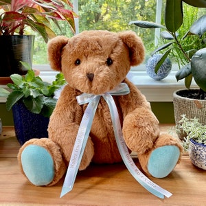 Custom weighted infant loss teddy bear, jointed arms, legs and head, 12oz - 10lb, custom printed ribbon