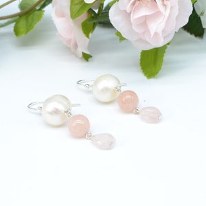 Pérola branca, morganita rosa (jade rosa), brinco pendente de quartzo rosa facetado, lindo rosa e branco lindo combina com qualquer coisa
