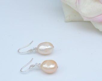 peach ivory pearl with moonstone drop earring