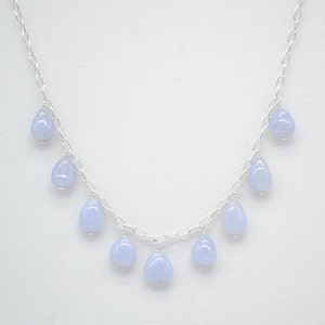 SIMPLE Chalcedony beaded necklace, beautiful blue chalcedony beads on a sterling, open loop chain, with a small moonstone at the clasp