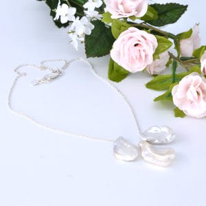 Three white baroque pearls strung on fine Sterling Silver chain, beautiful iridescent pearl necklace, keshi style, 25mm by 15mm