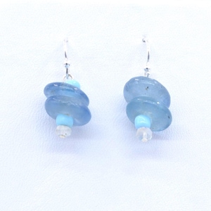 african glass bead earrings, recycled blue glass from Ghana with turquoise glass pony beads and a faceted moonstone, sterling silver wires