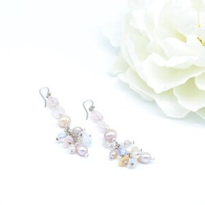 soft pink cluster drop earring, pink pearl dangle drop earring, rose quartz, opalite, moonstone, Japanese seed glass bead