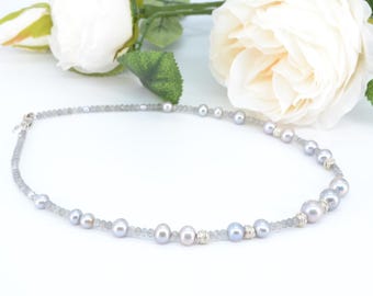 Silver labradorite and Silver pearl Necklace with faceted labradorite and Sterling Silver “Birds Nest” beads; Classy and sparkling