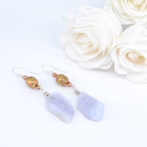 Lace agate earrings; rough nuggets and handmade copper and brass beads from Ethiopia, small copper beads, Sterling silver wrap