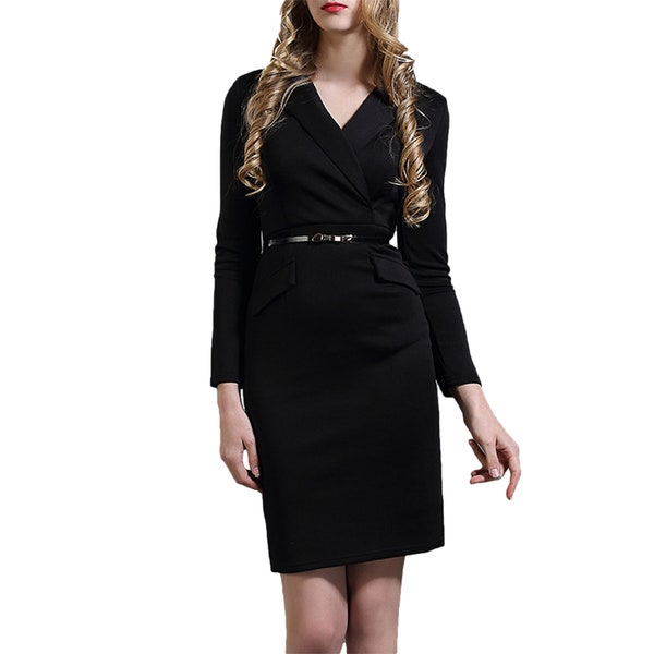 ROMANCE VICTORY Women's Long Sleeve Double Notch Lapel Formal Business Work Pencil Dress