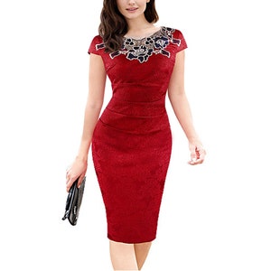 ROMANCE VICTORY Women's Floral Lace Patch Round Neck Ruched Bodycon ...