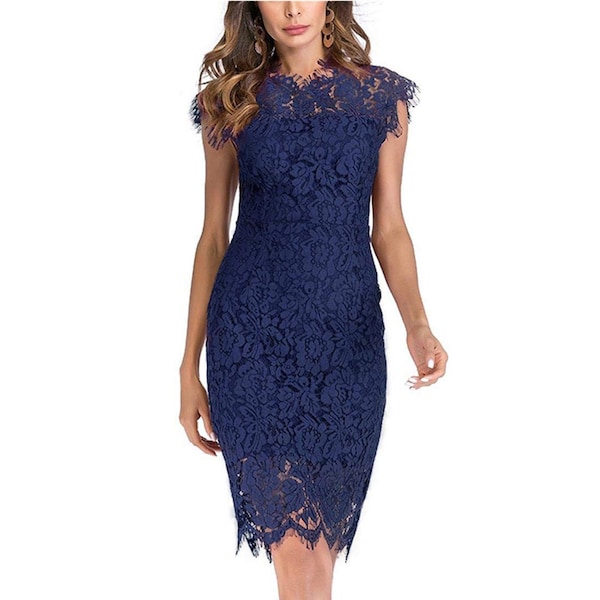 ROMANCE VICTORY Women's Sleeveless Lace Floral Crew Neck Knee Length Pencil Slim Party Cocktail Dress