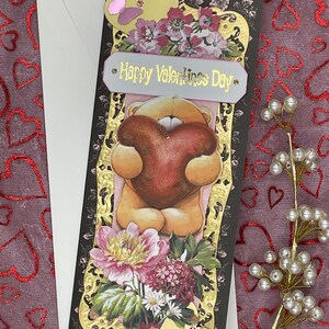 Happy Valentine&#39;s Day Sweet Bear with Big Heart Handmade Slimline Valentine&#39;s Day Card