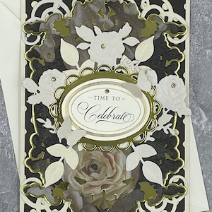 Time To Celebrate- Beige Roses- Any Occasion- Handmade Greeting Card