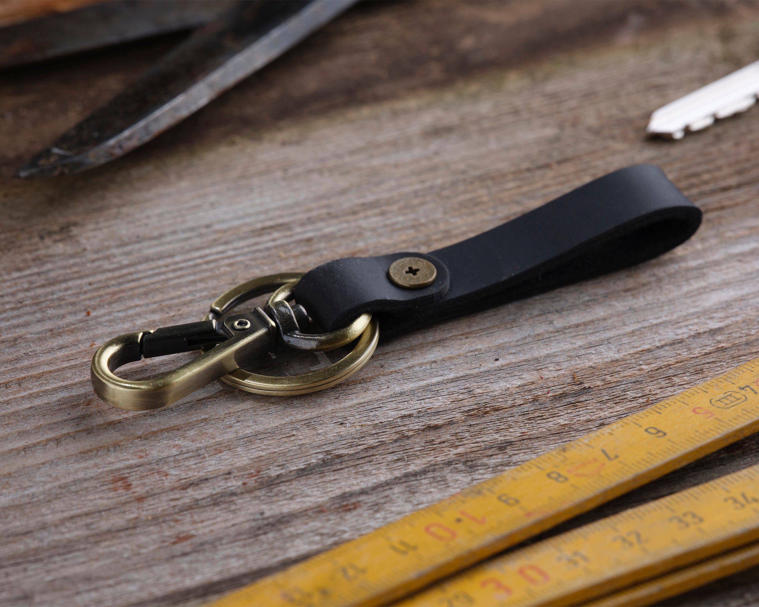 Black Leather Keychain Leather Key Fob Slim Key Chain Etsy