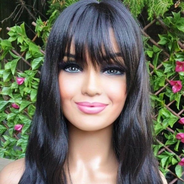 Charlie Black, bangs, human hair blend full fringe wig