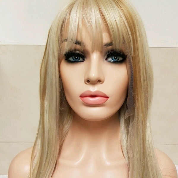 Billie with fringe, human hair, lace front wig, freepart, auburn highlights