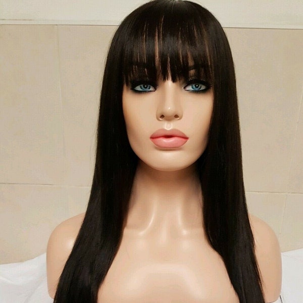 Black Human hair blend wig, bangs, freepart hand tied
