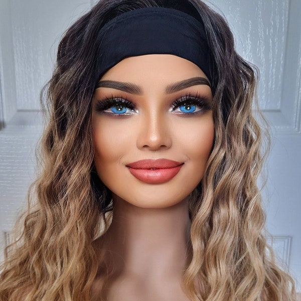 FAST DISPATCH Light Blonde Ombre Dark Roots Human Hair Blend Wig Lace Front Curl Hair Headband Hairband wig