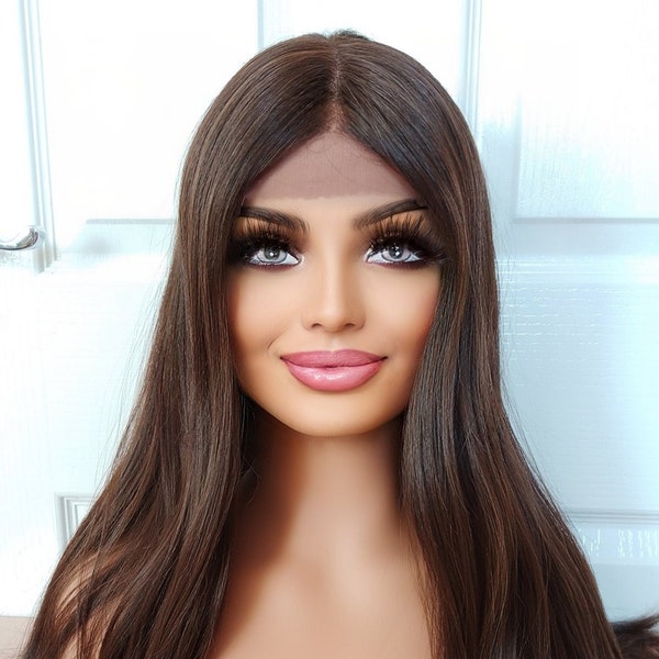 Geraldine Dark Brown With Highlights Human Hair Blend Wig Curly Soft Wavy Lace Front Wig