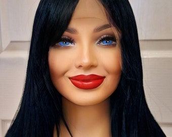 FAST DISPATCH Black human hair blend lace wig, Swiss lace, silk based lace, hand tied, lace front wig side bangs fringe