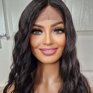 Lace Front Wig Very Dark Brown Lace Front Wig Human Hair Blend Wig Wavy Curls Etsy Australia