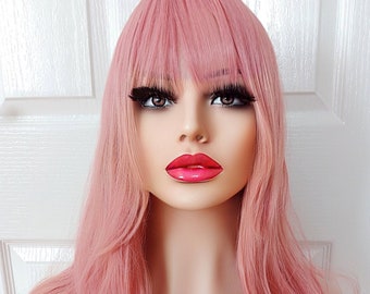 FAST DISPATCH Pink synthetic hair wig bangs long fake scalp classic cap fancy dress cosplay