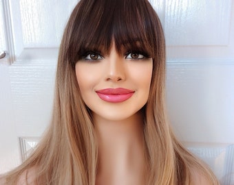 FAST DISPATCH Peyton Sandy Dark Ash Blonde Ombre Dark Rooted bangs fringe Blonde Tips classic cap adjustable strap synthetic full wig