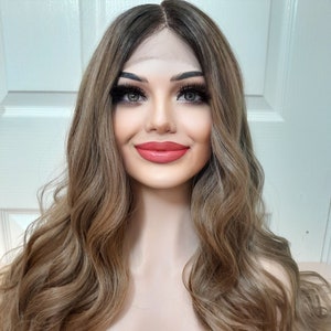 Light Ash Brown, Dark Blonde Human Hair Blend Wig Lace Wig Ombre Dark roots long wavy curly Lace Wig