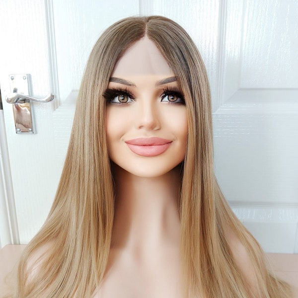 Transparent lace Sandy Ash Blonde light Brown Human Hair Blend Wig Lace Wig Ombre Dark roots long transparent lace