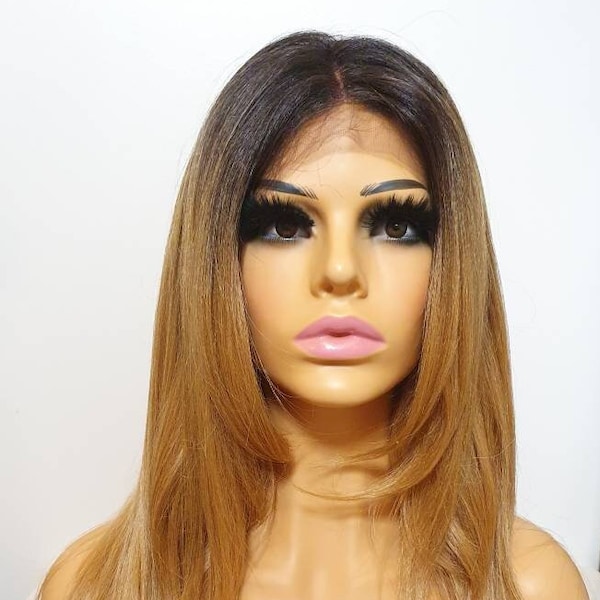 Layered Auburn Honey Brown Copper Red Human Hair Blend Free Part Wig Front Lace Wig Long Ginger Wig Shoulder Length