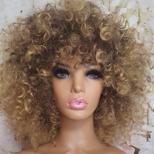 Asa Full Synthetic mixed blonde and light brown perm curly afro spiral curls classic cap adjustable wig