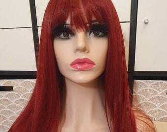 Sarafina Copper Dark Burgundy Red Auburn Human Hair Blend Full Bangs Long Fringe Wig