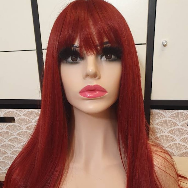 Sarafina Copper Dark Burgundy Red Auburn Human Hair Blend Full Bangs Long Fringe Wig