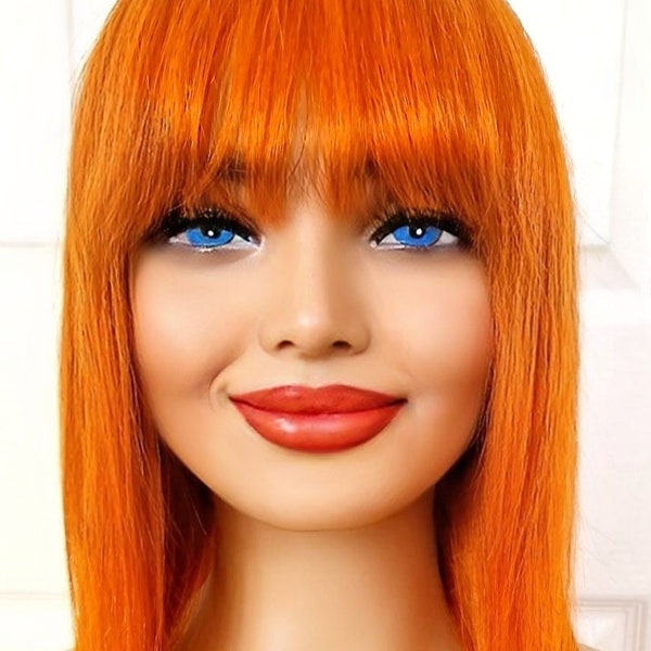 FAST DISPATCH 100% Human hair wig Bright Ginger Copper Red real hair wig medium length bob full fringe bangs wig
