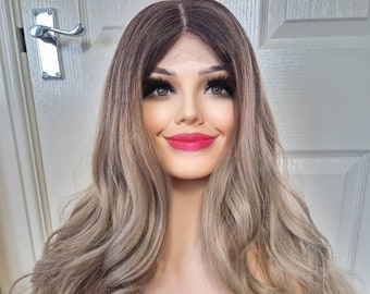 FAST DISPATCH Silver Grey Synthetic Wig, bangs, lace front wig ombre dark roots