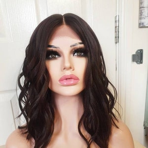 Human Hair Blend Megan Very Dark Brown, Lace Front Short Wig Wavy Curly Long Bob