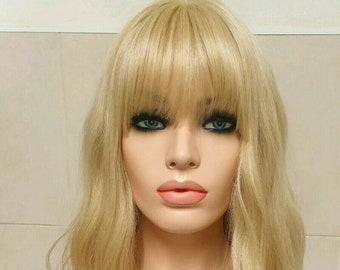 Daisy-Jane Light Blonde Human Hair Blend Wig Classic cap Long bangs fringe