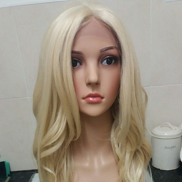 Jazz Bleach Blonde human hair lace wig, Swiss lace, silk based lace, hand tied, black with blonde lace front wig free part