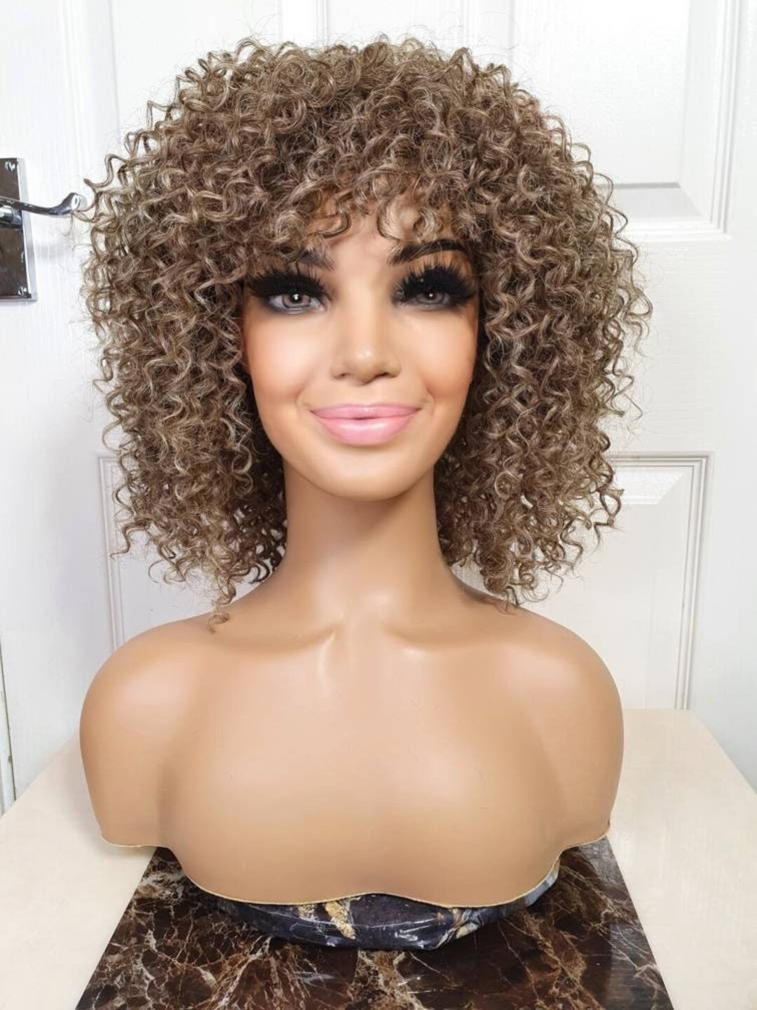 Human Hair Blend Full Perm Curly Tight Curls Afro Style Golden Brown