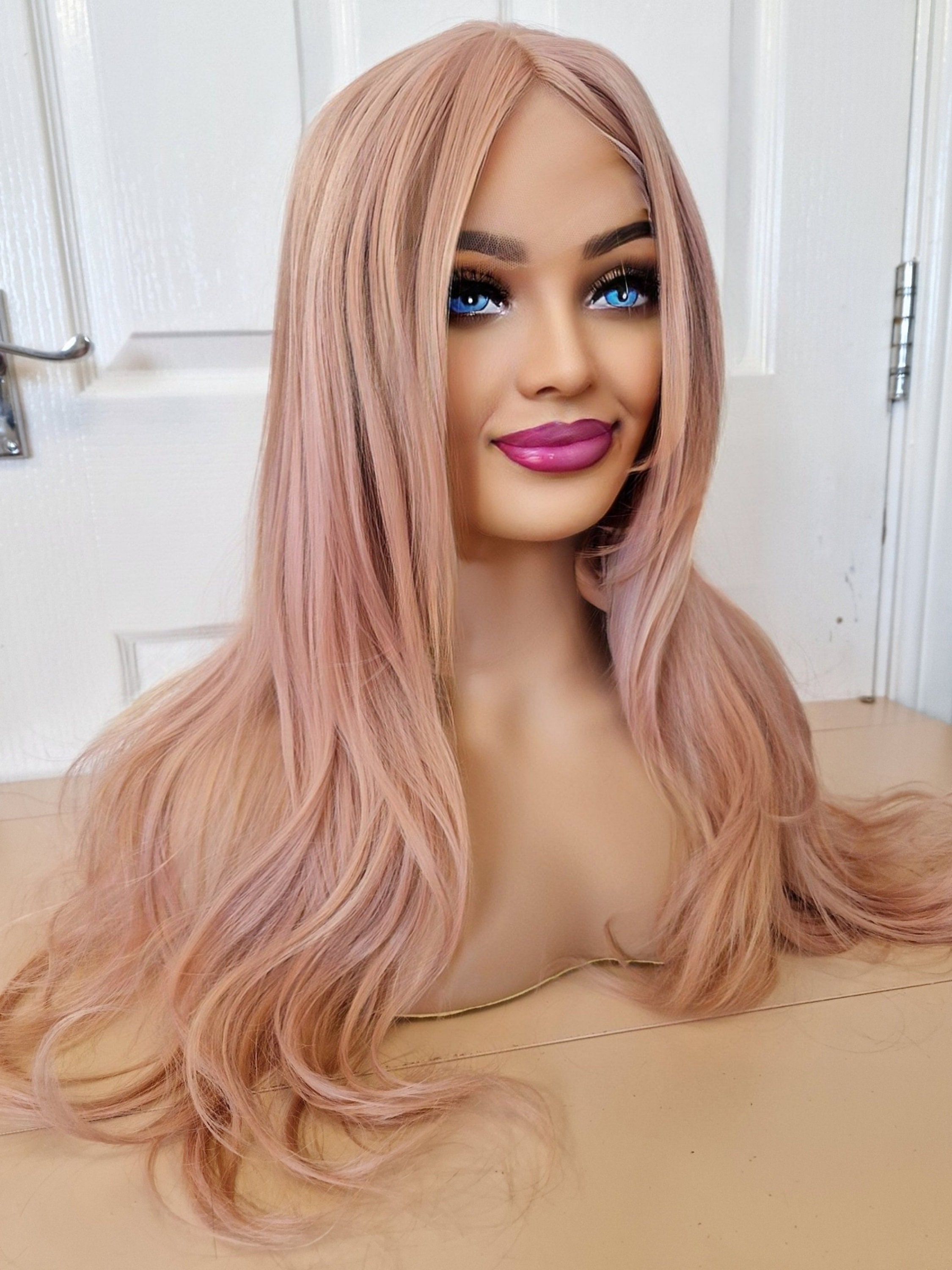 Pinkie, Pink Synthetic Lace Front Wig, freepart Wig Long, Curly